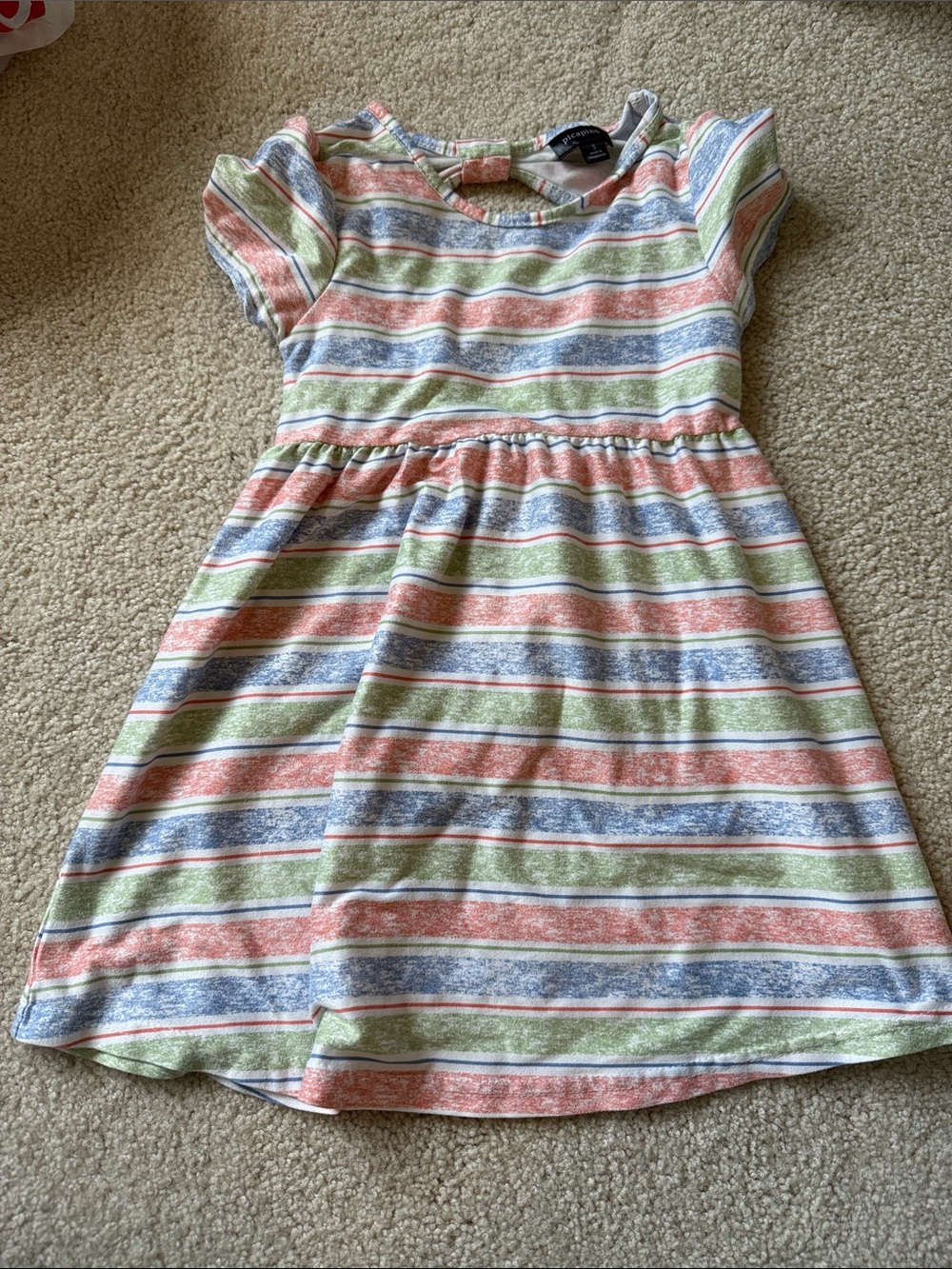 Picapino size 5 Girls' Short-Sleeve Striped Casual Dress in Coral, Blue & Green